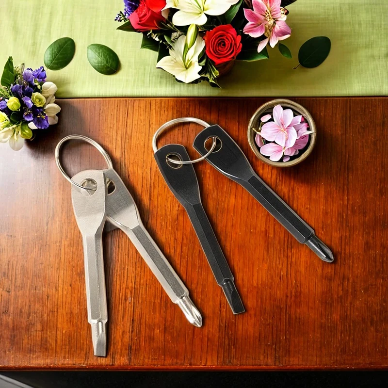 2pcs Portable Phillips & Slotted Screwdriver Key Ring Set Multi-Functional Mini Pocket Repair Tool Gadget for Camping Accessorie