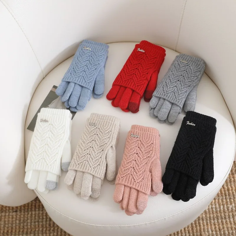 Winter Knitted Gloves for Women Fashion Thickened Dual Purpose Color Matching Gloves Women Solid Color Simple Versatile Gloves