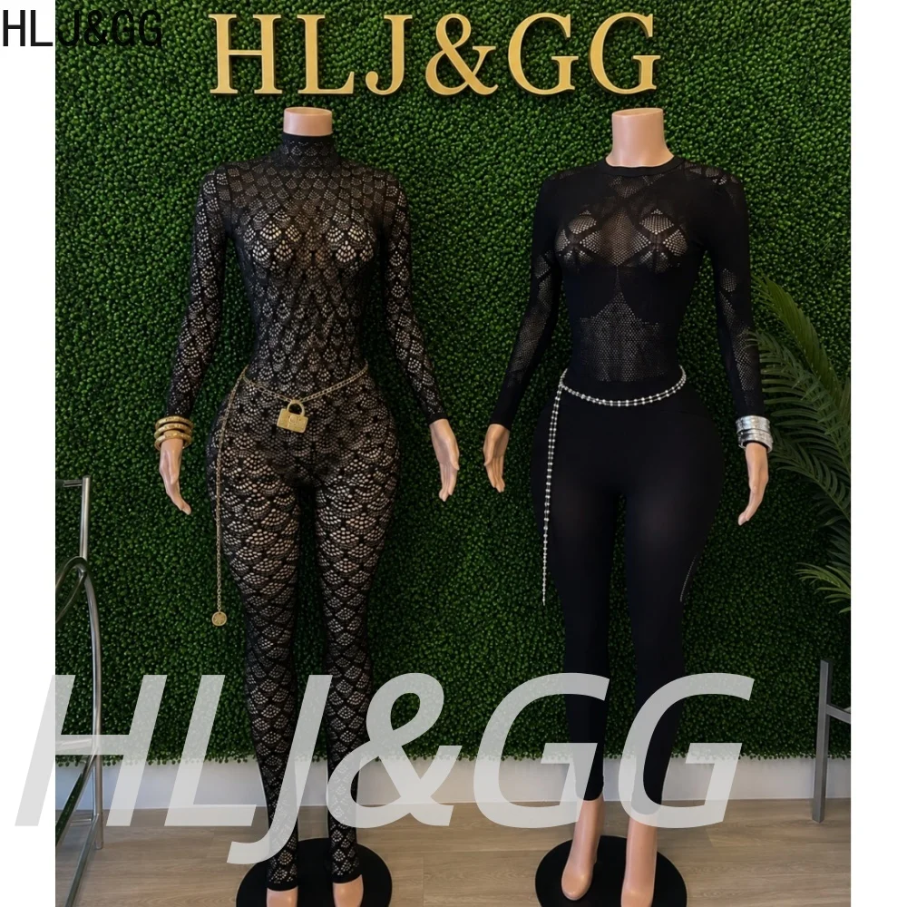 HLJ&GG Women See Through Jumpsuits Body Stocking Long Sleeve Hollow Out Mesh Catsuit Full Bodycon Stretchy Clubwear Bodysuit INS