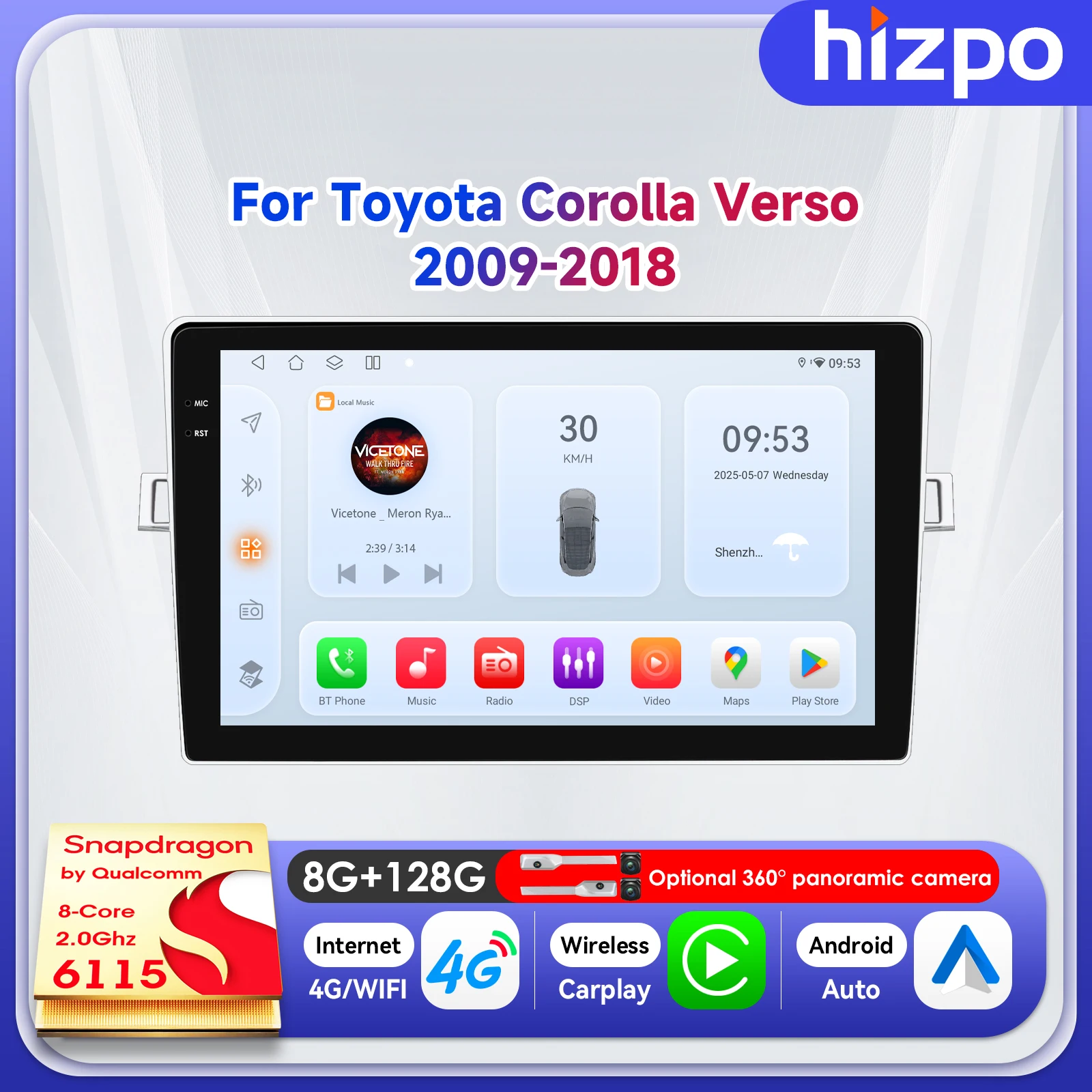 

Автомобильный мультимедийный плеер Hizpo 9 дюймов для Toyota Corolla Verso 2009-2018, головное устройство с QLED-экраном, Bluetooth, навигацией, 2DIN, DSP, AI