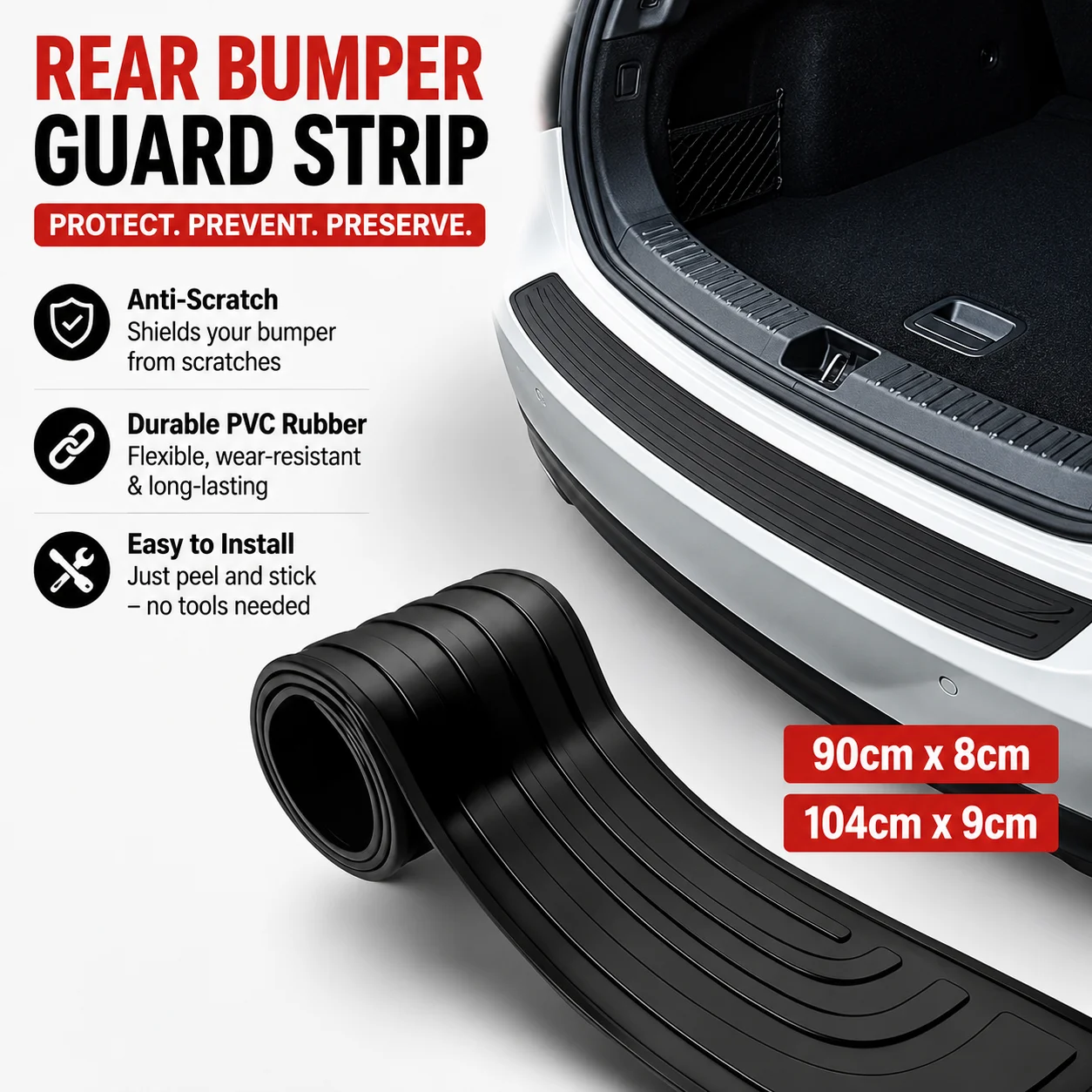 Universal Rear Bumper Guard PVC Rubber Protector Strip Car Trunk Door Sill Plate Anti-Scratch Decoration 90x8cm or 104x9cm