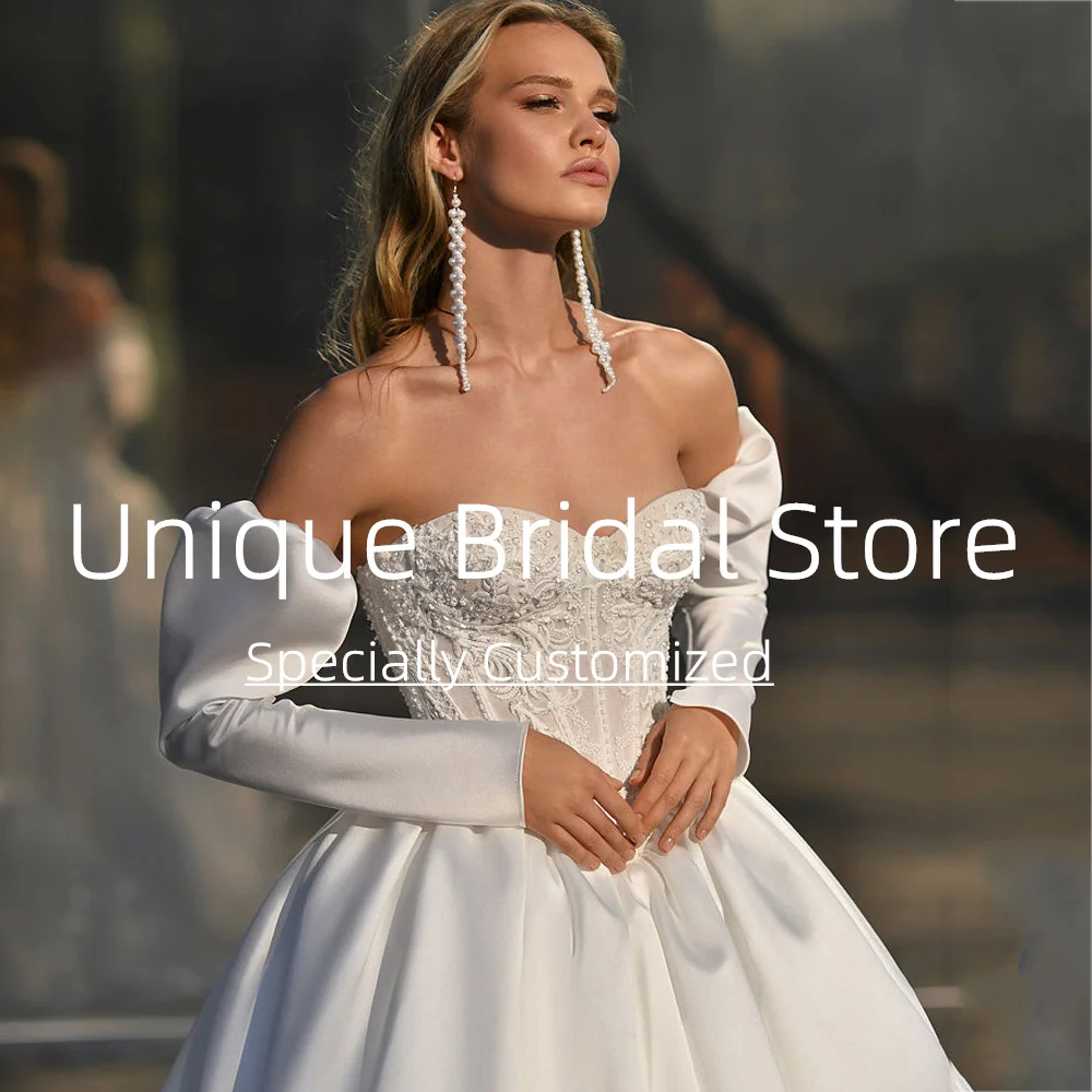 Robe de Mariée Classique Personnalisée, Manches sulf, Col en Cœur, Ligne A Lisse, Dos Ouvert, Traîne de Balayage, Belle Applique