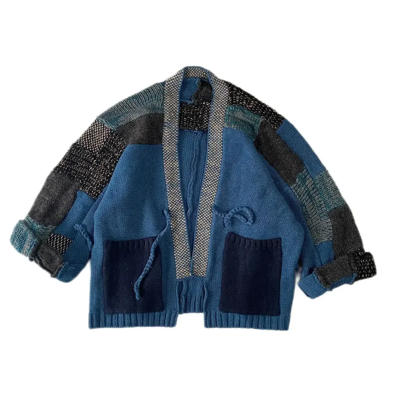 Non Kapital Stitching Knitted Japan Blue V-neck Thickened Loose Cardigan Kimono Long Sleeve Plaid Taoist Robe Annual Jia Brand