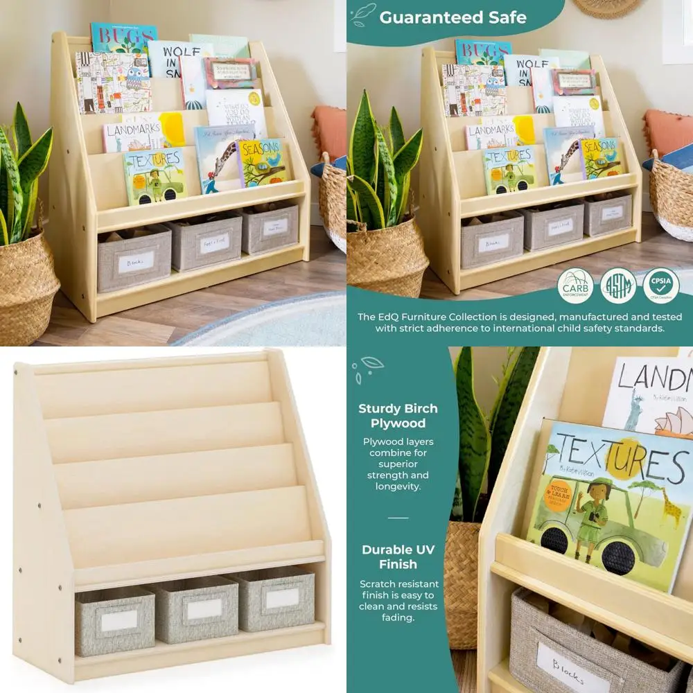 Natural Wood Bookcase and Toy Organizer with Fabric Storage Bins