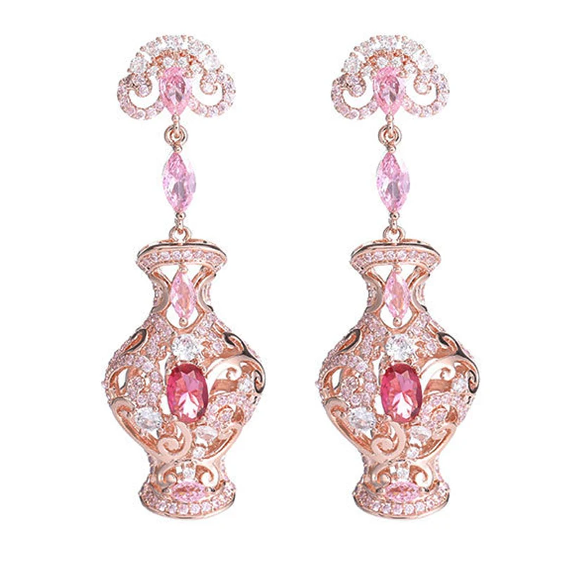 

Vintage Earrings Zirconia Blue Pink Gold Silver Color Vase Pendant Earrings Chinese Style Jewelry Women Dinner Party Gift
