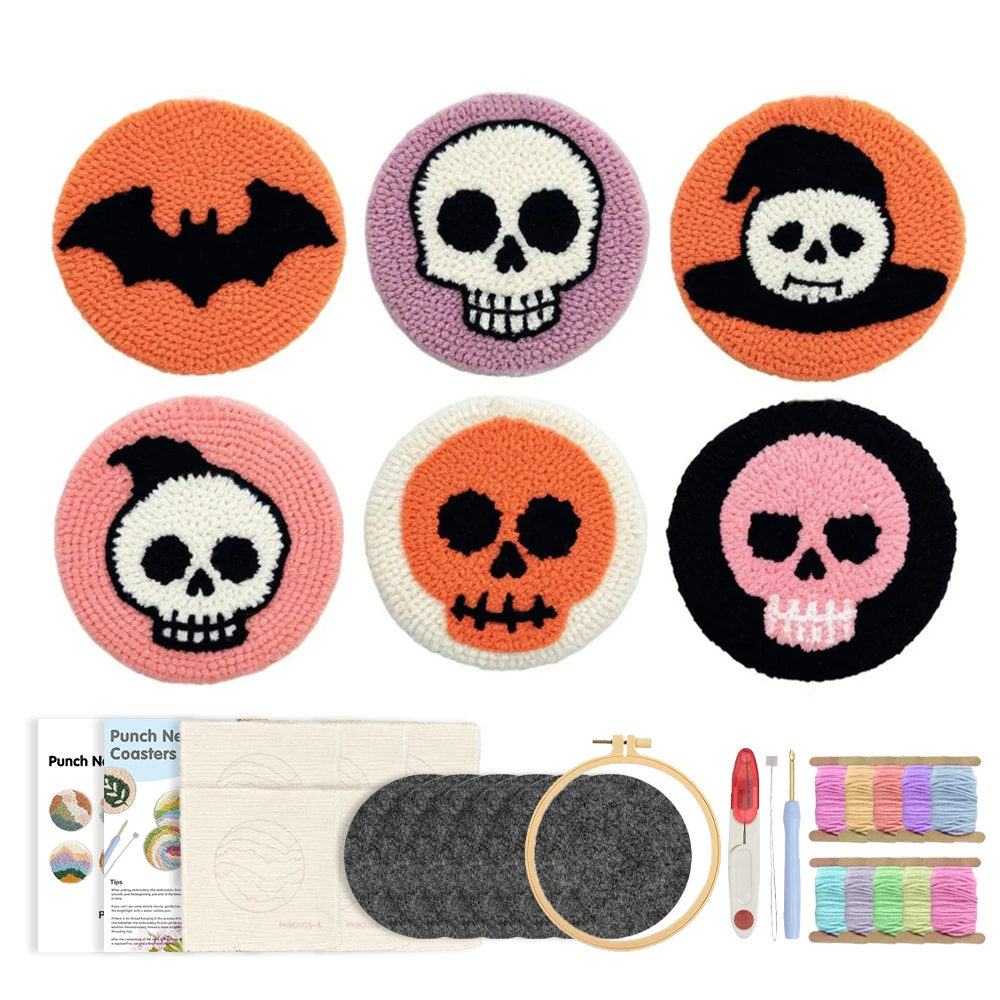 

Halloween skeleton pattern Punch Needle Coaster Kit 6Pcs Crafts Punch Needle Coasters Kits for Beginners Kit Yarns Embroidery