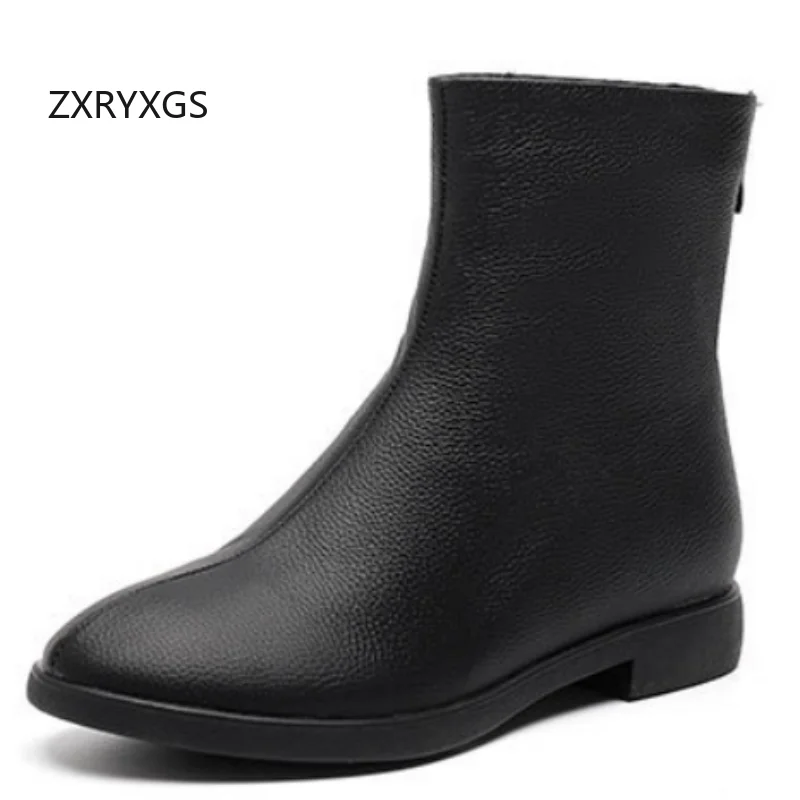 

ZXRYXGS New Top Layer Cowhide Leather Shoes Flat Boots 2025 Autumn Winter Comfortable Round Toe in-tube Women's Cotton Boots