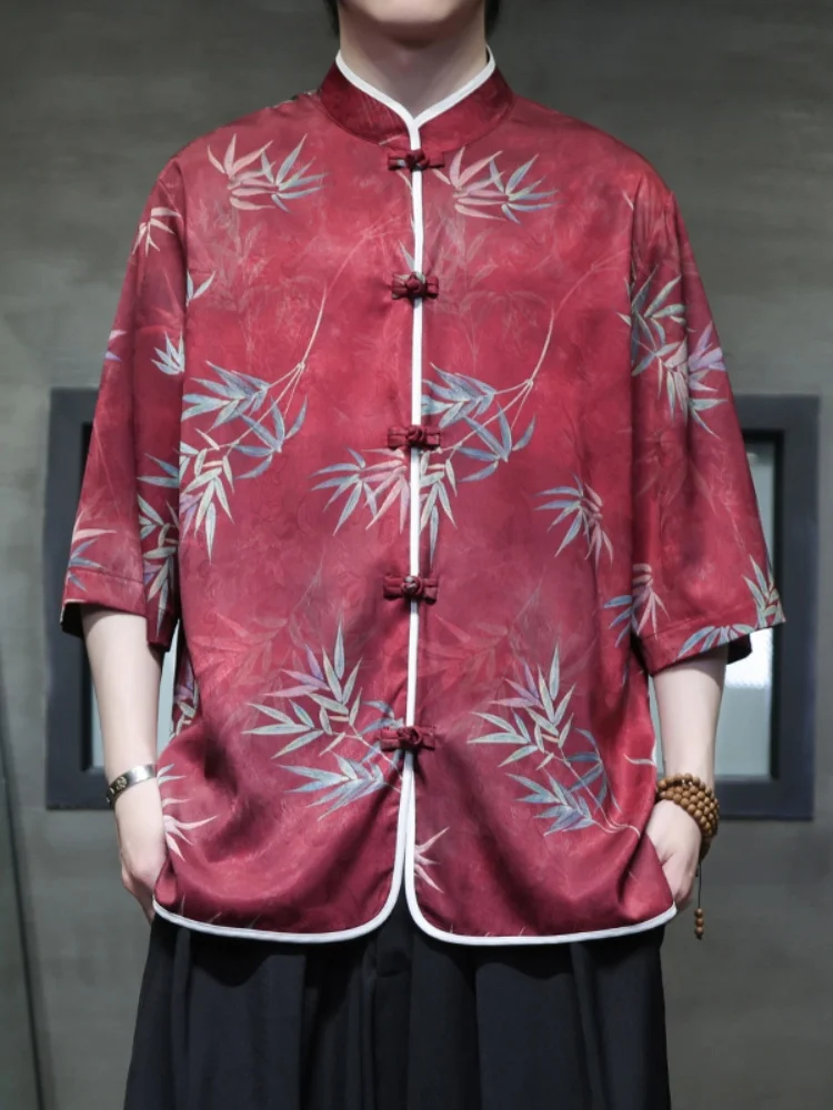 

New Chinese Sle Men's ort Sve irt Ice Silk Tang Costume Sle Retro Button up Top Summer Hanfu Loose Fit Printed irt