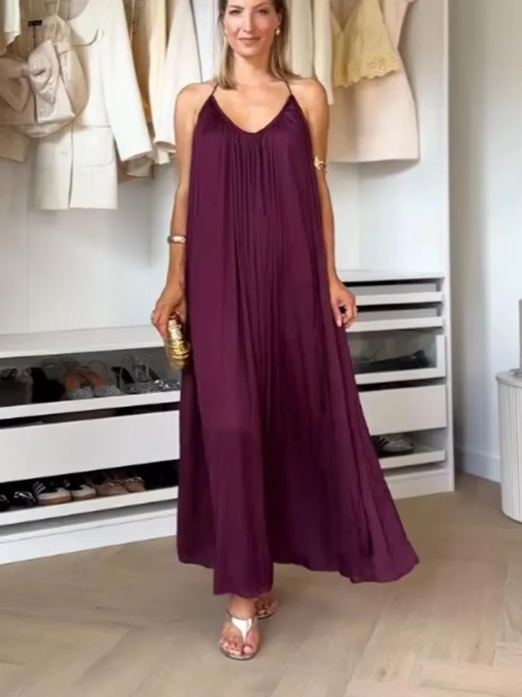 HH Summer Woman Sexy Satin Texture Long Dresses Women O-Neck Dress Sleeveless Backless Pleated Decorate Beach Party Dress