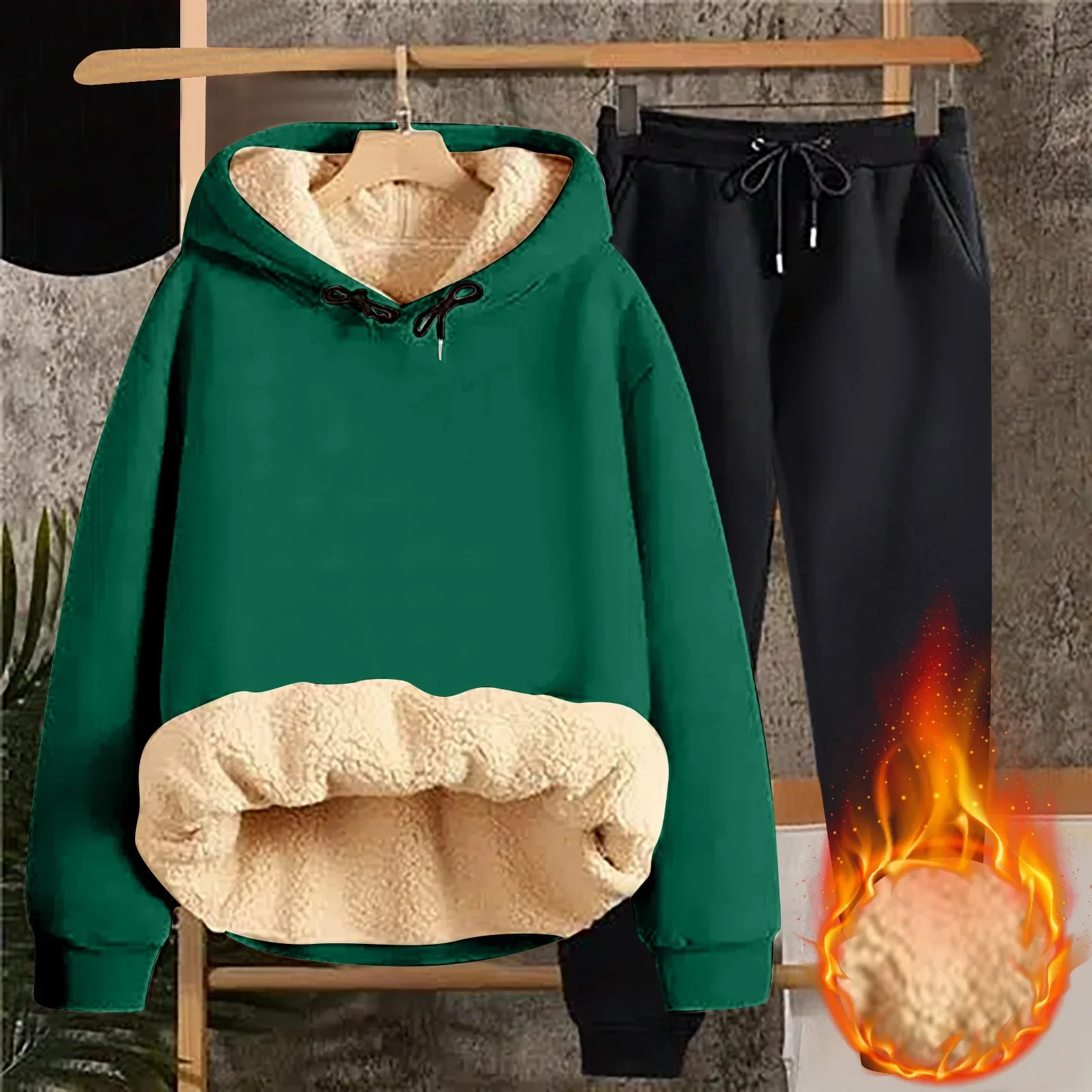 مجموعة سويت شيرت مخملي سميك من لحم الضأن للطلاب، سترة وسروال مبطنة بالصوف للخريف والشتاء، مجموعة كاملة
