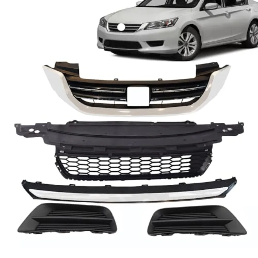 JX RACING Upper and Lower Grille with Foglamp Bezel for Honda Accord EXL 2013 2014 2015 Includes Bumper Stripe Trim and Fogligh