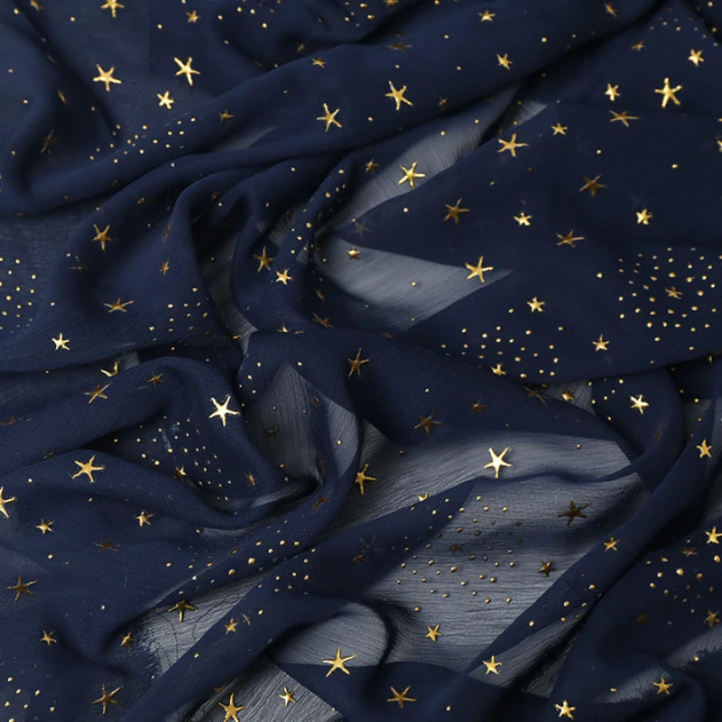 Lightweight Stars Pattern Bronzed Crepe Chiffon Fabric Cloth Material for Sewing Dress,Blue,White,Pink,Red,By the Meter