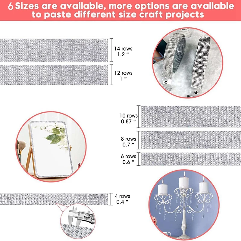 라인스톤 리본 실버, 자체 접착 다이아몬드 크리스탈 블링 랩 롤, 글리터 쥬얼리 스티커 테이프, 6 롤