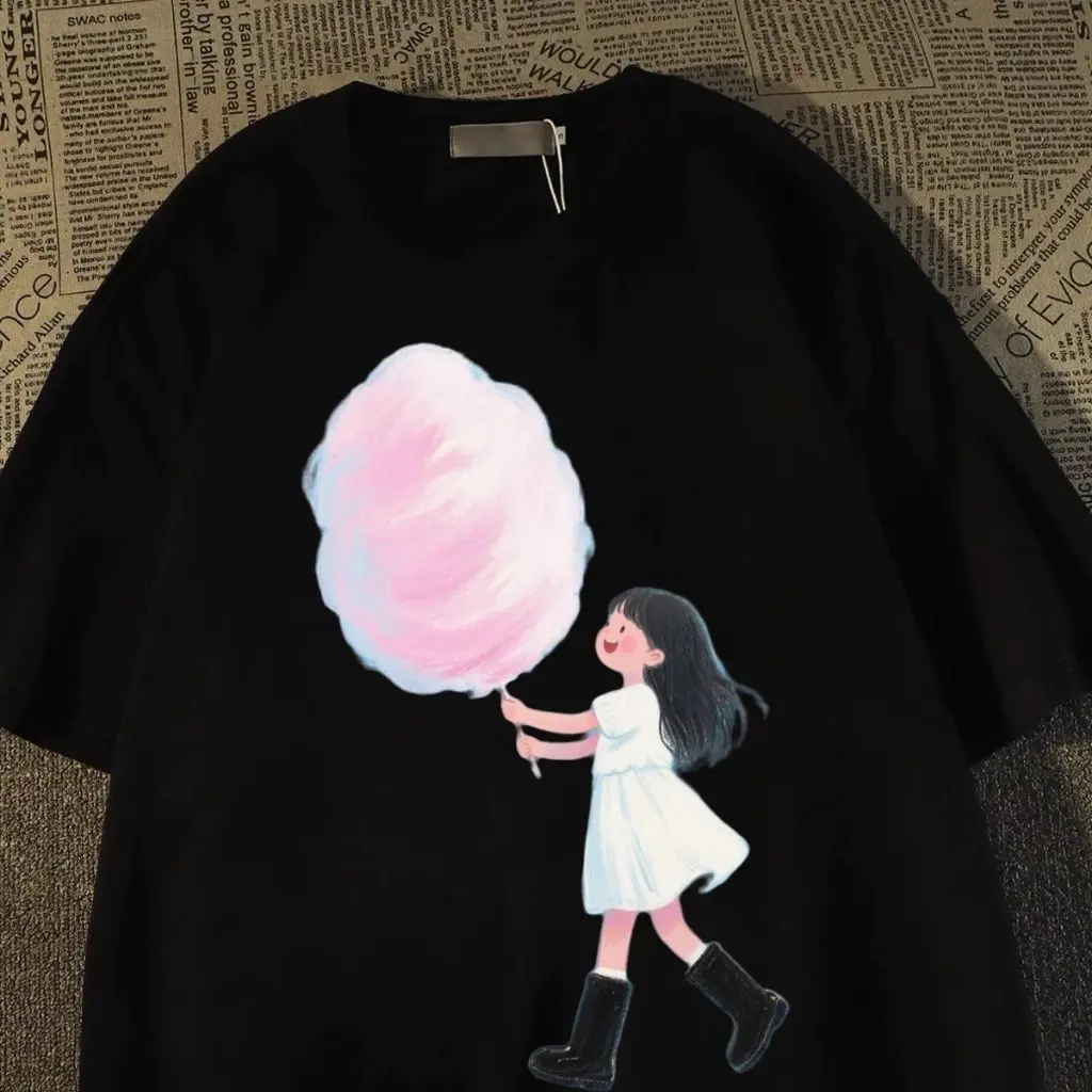 قصيرة الأكمام تيشيرت صيفي 2025 جديد الكرتون الخطمي فتاة القطن الخالص النمط الأجنبي الأعلى T