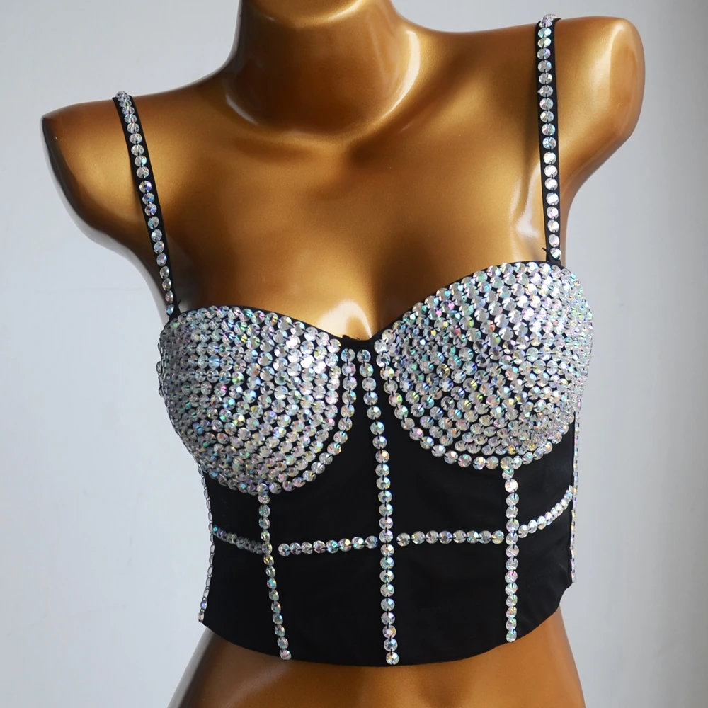 Cupnaya Multi-Color Diamantes Women Sexy Push Up Crop Top Shiny Corset Bustier Camisole Nightclub Dance Camgirl Vest Black Nude