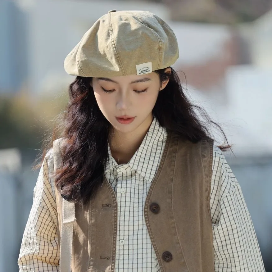 Harajuku Style Washing Process Thin Retro Literary Octagonal Berets Cap for Women Show Face Small Spring Summer Casual Versatile