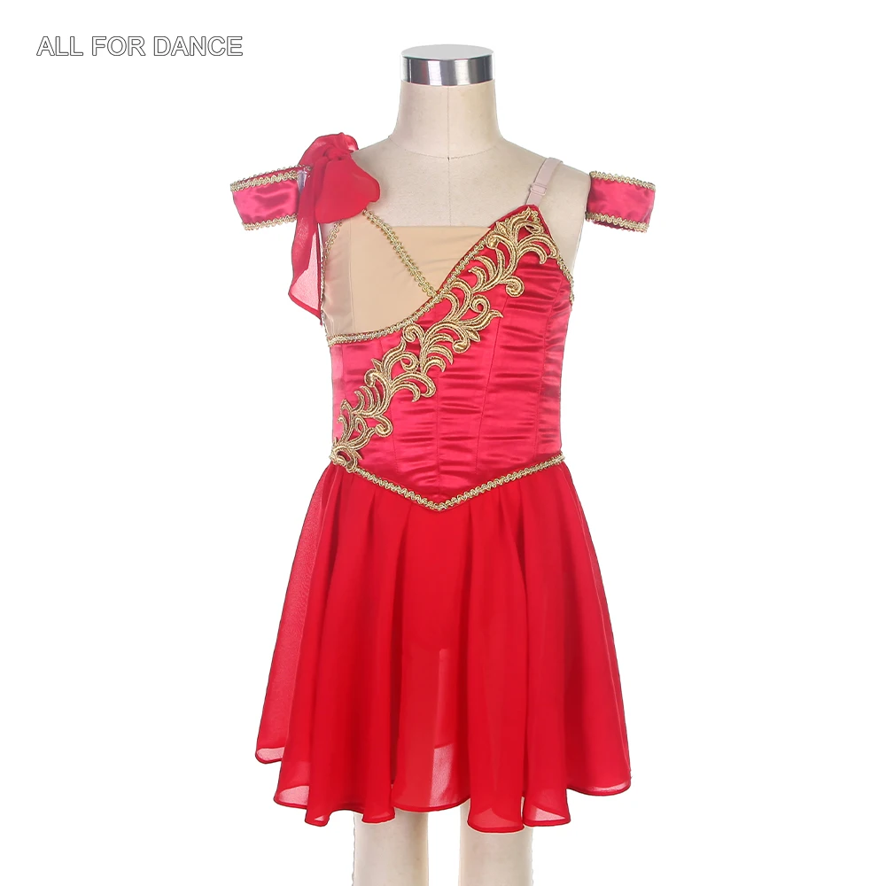 B22054 New Arrival of Customized Stage Costume Red Top Bodice with Nude V Neck with Gold Applique Performance for Women & Girls