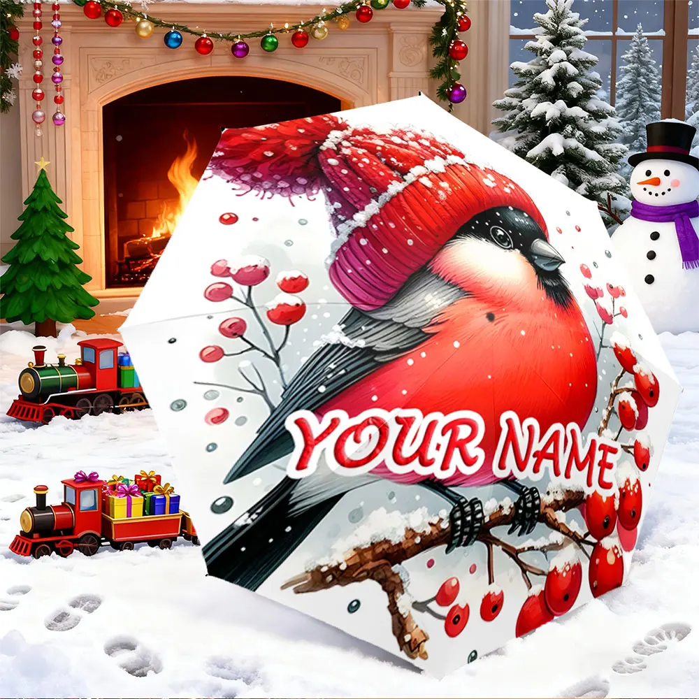 Custom Name Umbrella， Winter Bird with Red Hat and Snowy Berry Design ,Portable Folding Umbrella, Christmas Gift