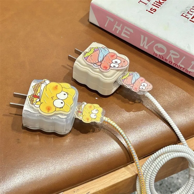Cable Charger Protector Case for iPhone 15 14 13 16 20W Charger Protection Cover Cartoon SpongeBob Cord Winder Spiral Protective
