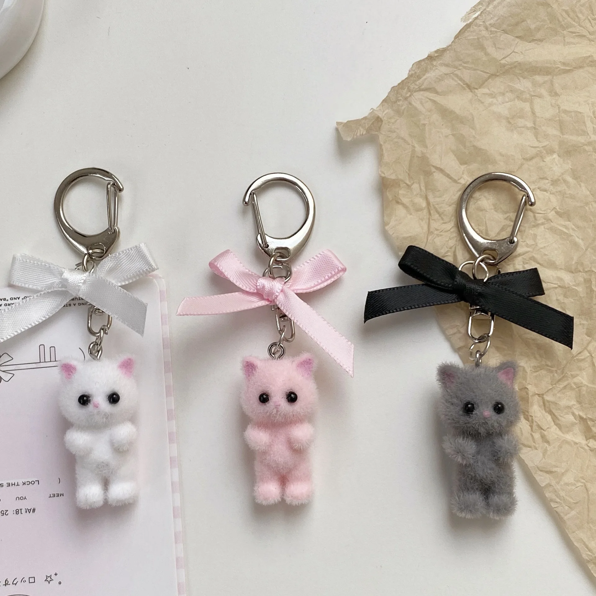 Cartoon Y2K Flocking Cat Keychain Resin Cute Animal Bowknot Camera Phone Chain Car Bag Pendant Key Ring For Women Girls Gifts