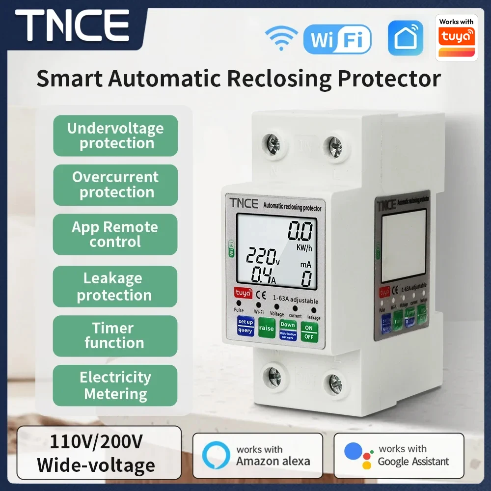 TNCE Tuya WiFi Smart Circuit Breaker 2P 1-63A Over/Under Voltage current Leakage Protector Switch, Power Circuit Relay Breaker