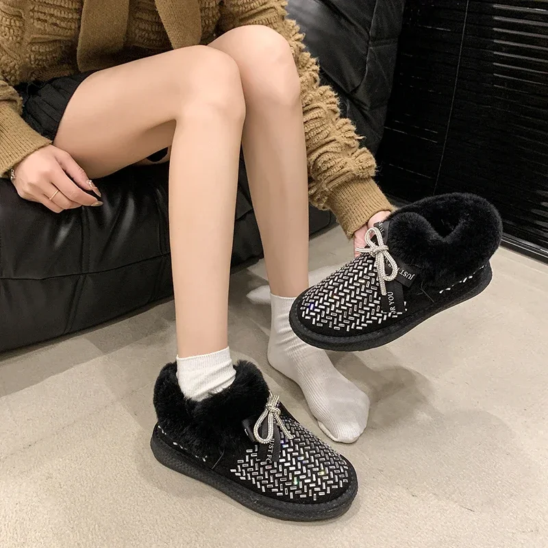 Shoes for Women Ankle Snow Boots Winter Rhinestone Slip-on Womens High-top Cotton Shoes Fashion Bow Women's Warm Shoes Size35-40