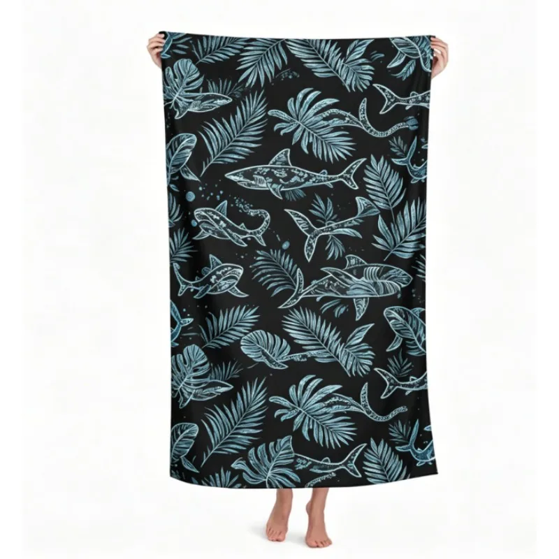 Oversized Microfiber Beach Towel, Blue Shark Ocean Splash Print, Quick Dry & Sand Resistant, for Summer Beach Pool Vacation