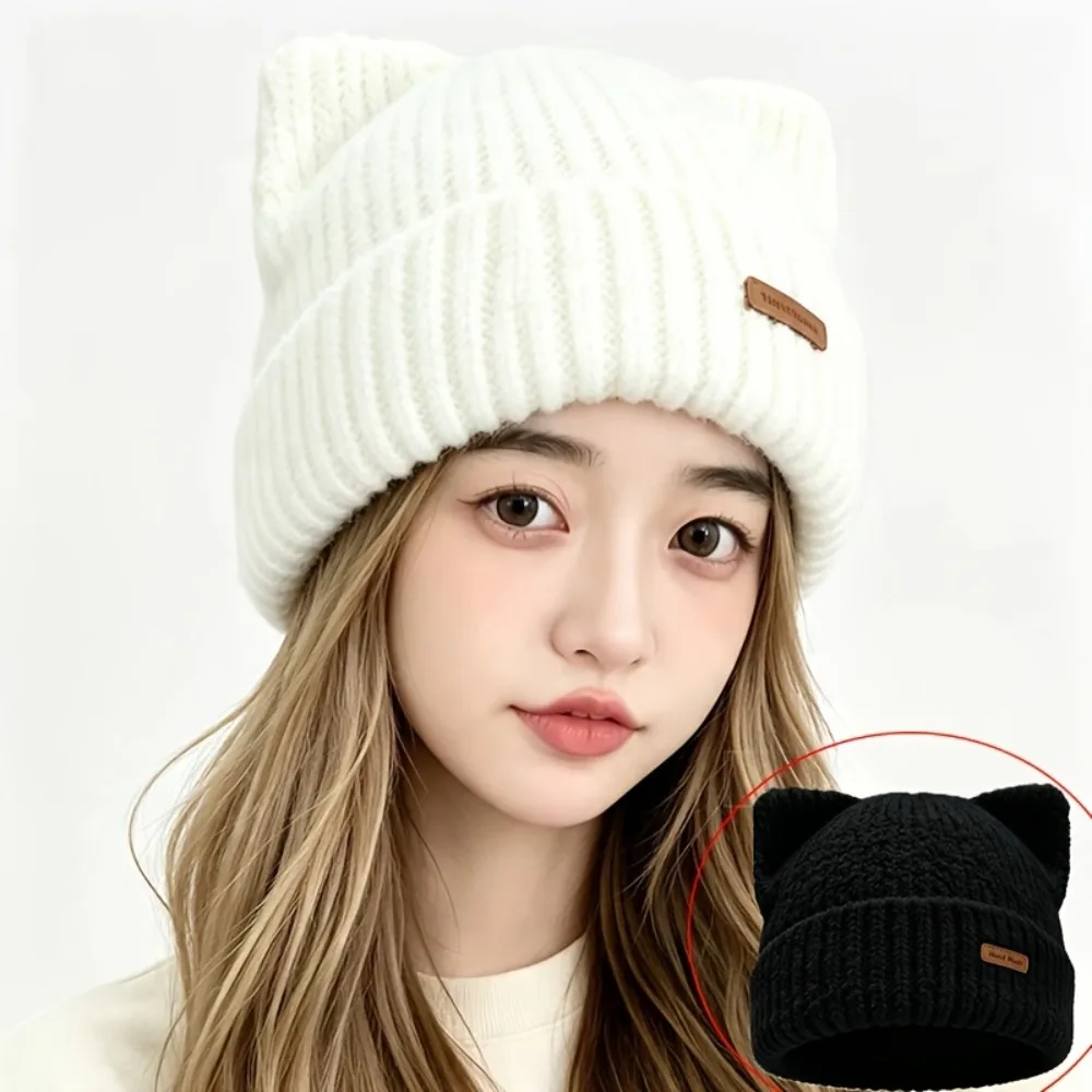 Aesthetic Maillard Solid Color Cat Ear Beanie Soft Warm Cat Ear Ribbed Knit Cap Windproof Beanie Cap Winter Season