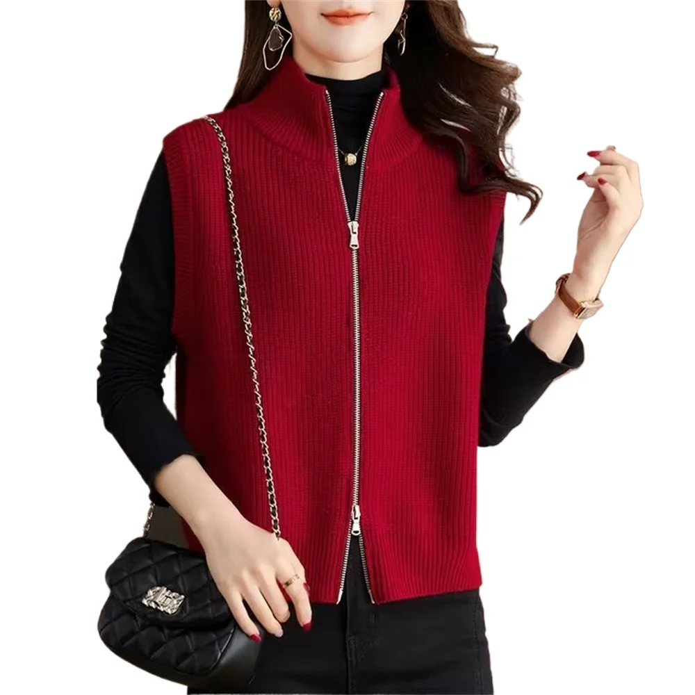 Ropa de mujer, cárdigan de punto de cuello alto a la moda Vintage, suéteres sueltos sin mangas que combinan con todo, Tops con cremallera para mujer