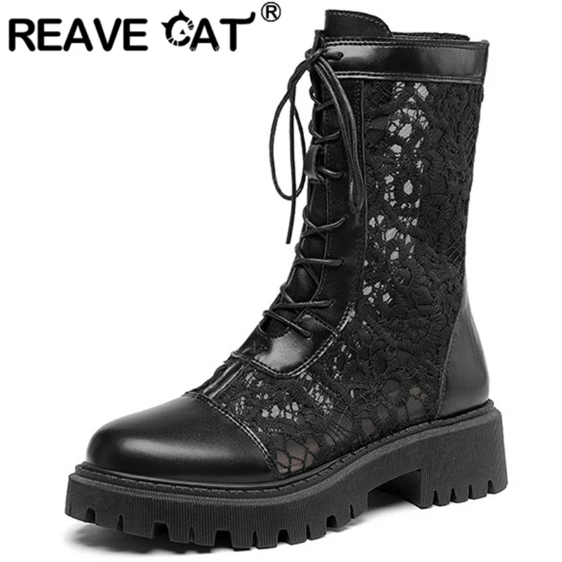 REAVE CAT damskie letnie buty okrągłe Toe grube obcasy oddychająca koronkowa siateczka sznurowane rozmiar 35-45 czarna słodka wiosna S3318