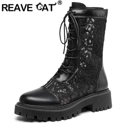 REAVE CAT damskie letnie buty okrągłe Toe grube obcasy oddychająca koronkowa siateczka sznurowane rozmiar 35-45 czarna słodka wiosna S3318