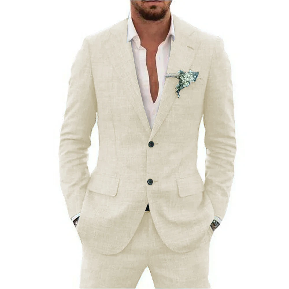 Casual Linen Suit for Men Notched Lapel Slim Fit 2 Pieces for Wedding Dresses Summer Beach Tuxedo Suits for Men