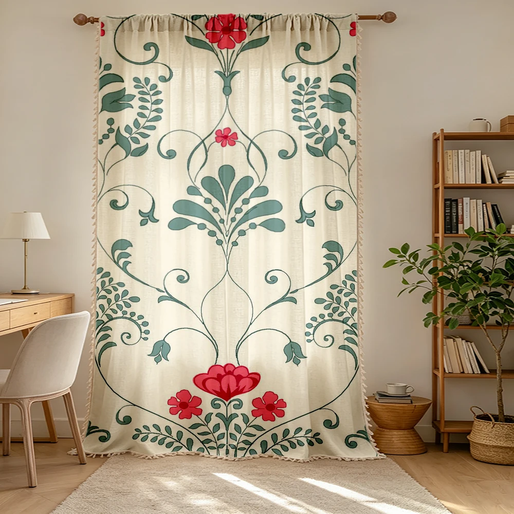 1PC Floral Tassel Sheer Curtains, Vine Red Flower, Digital Print, Linen Polyester, Bedroom Living Room Kitchen, Home Decor