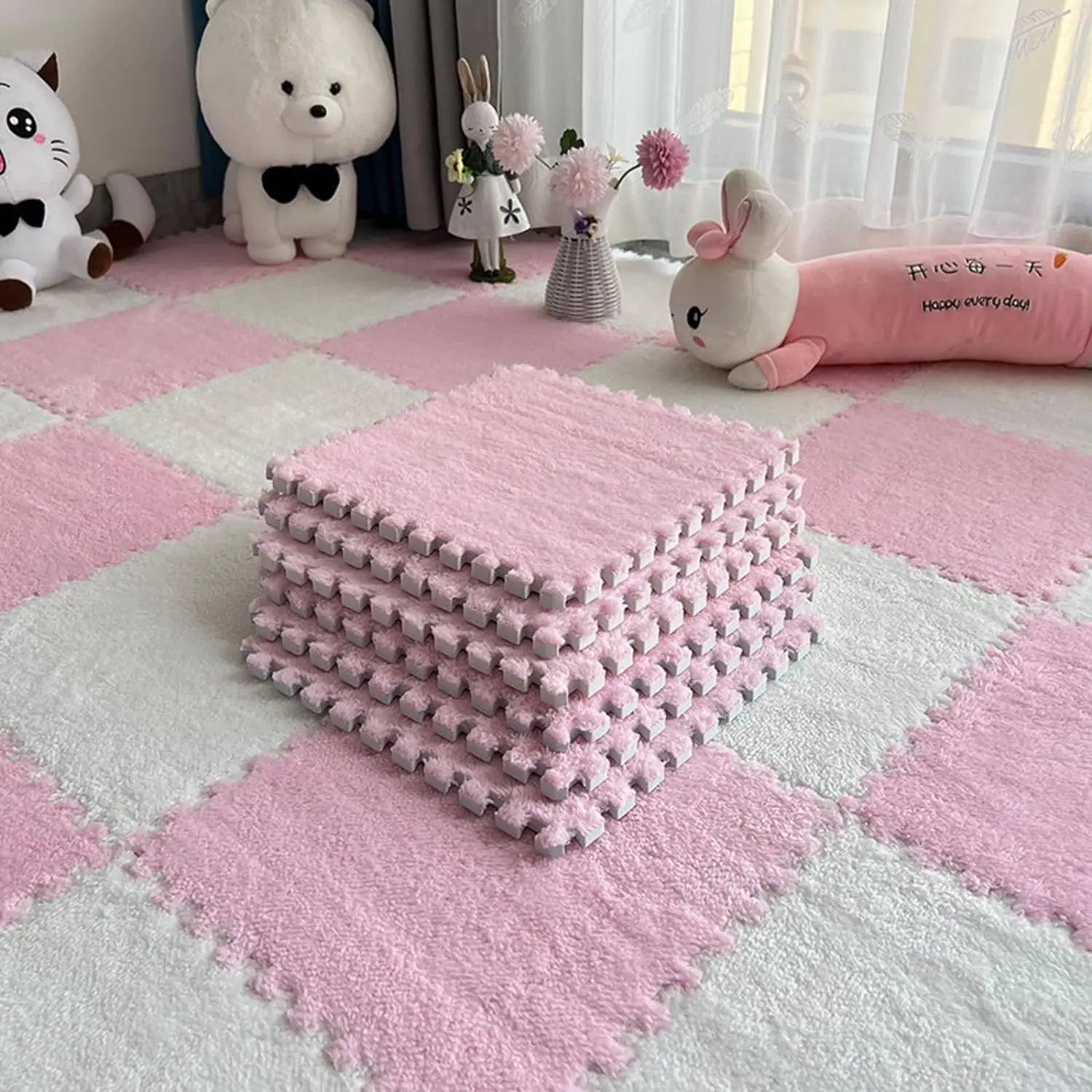 5-20 Pcs Plush Puzzle Foam Floor Mat, Soft Fluffy Interlocking Square Foam Tiles Area Rugs Carpet for Parlor Bedroom