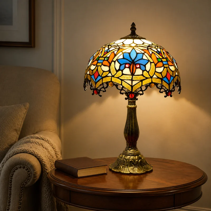 Vintage Tiffany Stained Glass Floral Mosaic Pattern Dome Shade Decorative Bedroom Living Room Reading Corner Decor Table Lamp
