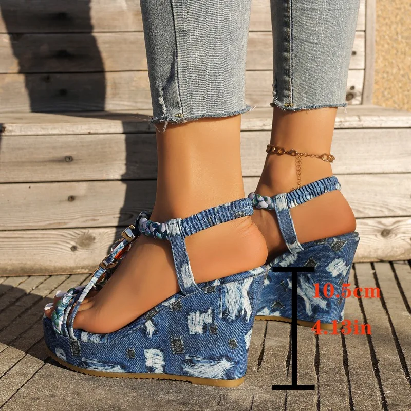 Women Distressed Denim Print T-Strap Elastic Ankle Strap Wedge Sandals 10.5CM Platform Open Toe Summer Elevator Sandals