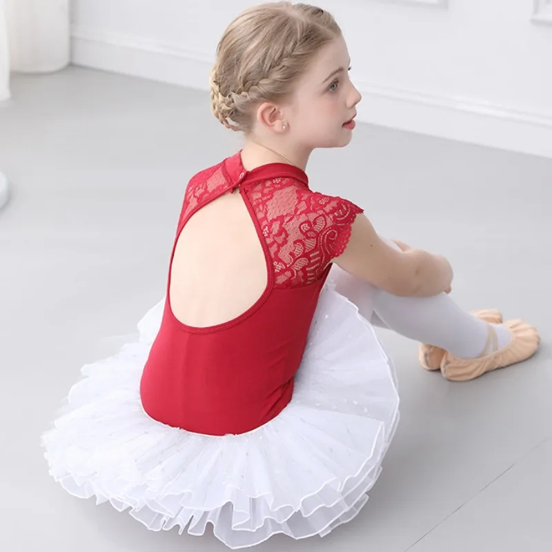 Child Girls Dancewear Ballet Leotard Short Sleeve Lace Bodysuit Kids Backless Tops Train Performance Costumes