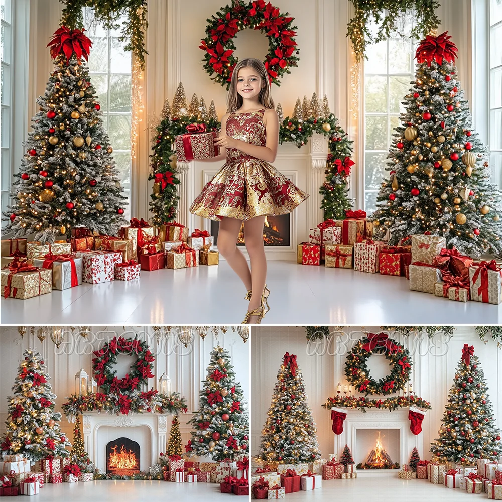 Christmas Backdrop Decorated Trees Fireplace Red Floral Arrangements Gifts Gold Ornaments Baby Background Photo Studio Photocall