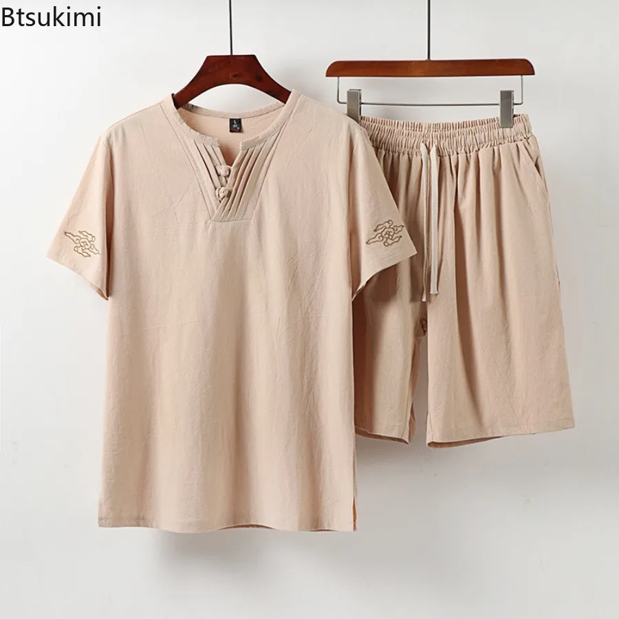 New 2025 Summer Men's Linen Thin Style Breathable Round Neck Workwear for Men Casual Loose Fit Short Sleeved Shorts Suit Male