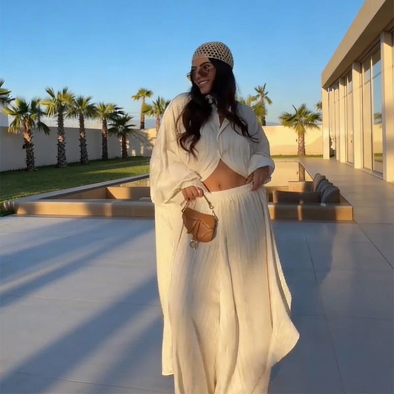 

Elegant Beige Striped Sets Trend Long Sleeve Oversized Shirt Wide Leg Pant Lazy Style Set 2026 Lady Summer Party Vacation Outfit