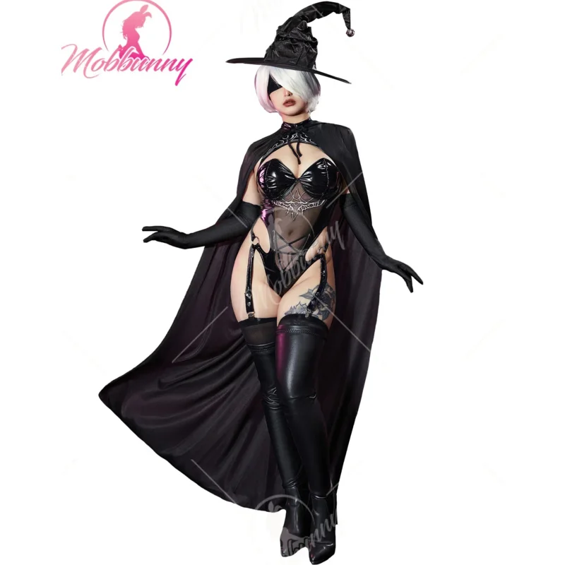 

Mobbunny 2B Derivative Cosplay Costume Witch Style Sexy Lingerie Bodysuit and Cloak with Hat and Thigh Socks for Halloween