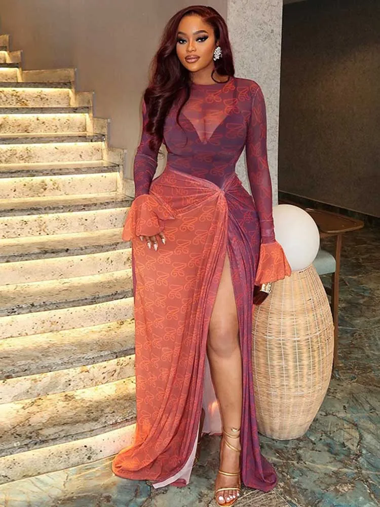 

Женское осеннее платье с длинными рукавами и разрезом, сетчатое прозрачное платье с высокой талией, облегающее элегантное рождественское красное платье