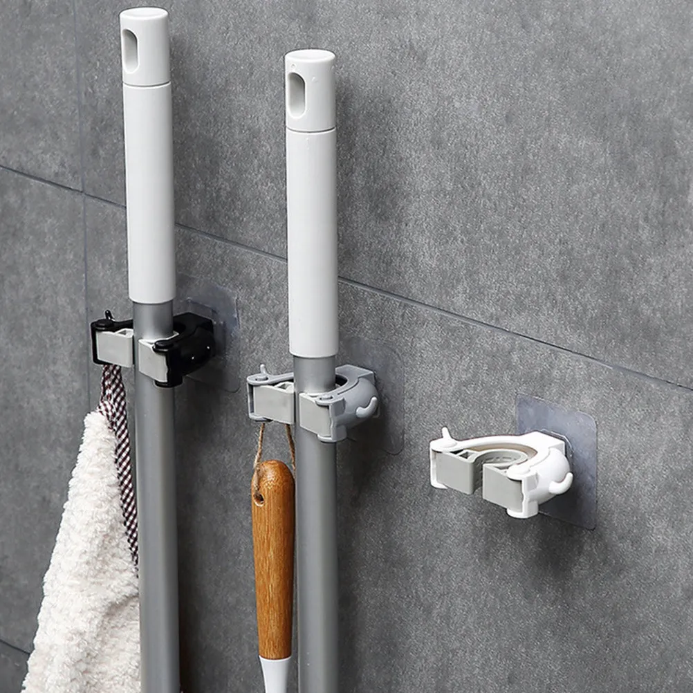 2Pcs Premium Pc Plastic Mop Holder Wall Mounted Punch Free Broom Hanger Clip Seamless Organizer for Kitchen Bathroom Mop Broom