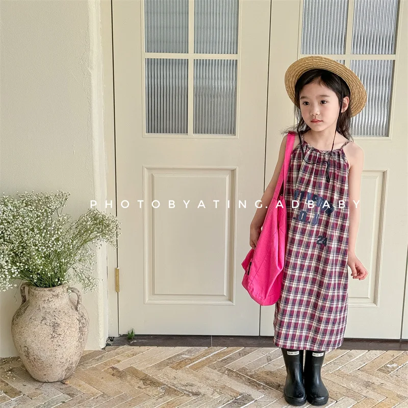 

2024 Summer New Children Sleeveless Sling Dress Baby Girl Letter Print Plaid Dress Casual Princess Dress Cotton Kids Clothes