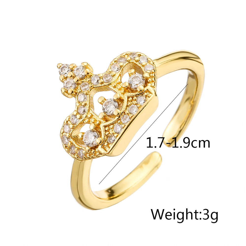 NEWBUY 2024 Trendy Gold Color Crown Charm Finger Rings Open Design Adjustable Shiny CZ Zircon Wedding Jewelry Female