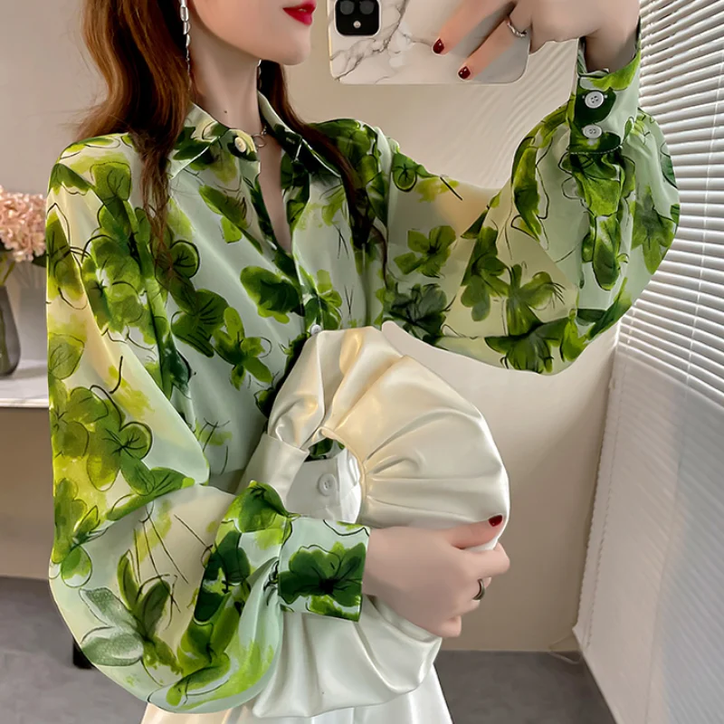 Retro Shirts Women Lantern Sleeve Design Chic Print Harajuku High Street All-match Elegant Classic Blusas De Mujer Autumn Lady