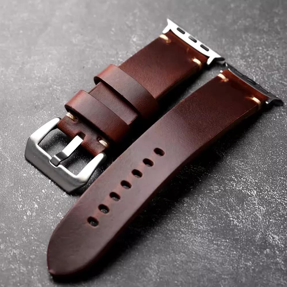 Handmade Top Layer Cowhide Strap 44MM 45MM 49MM Suitability For Apple Watch S9 Ultra2 Brown Thick and Durable Leather Bracelet