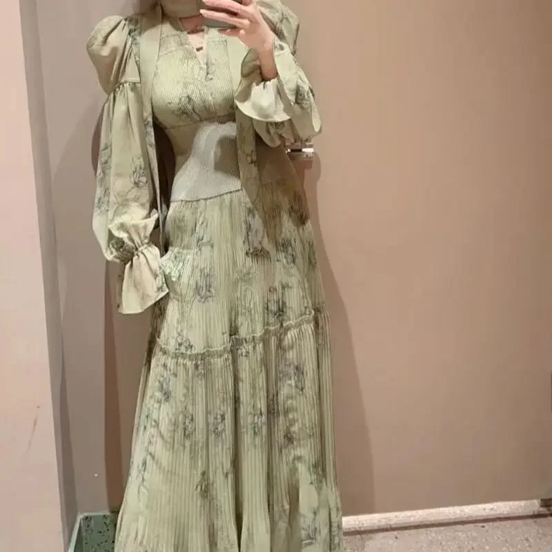 

2023 summer women's new puff sleeve dress lace elegant print tie fashion casual maxi dress for women