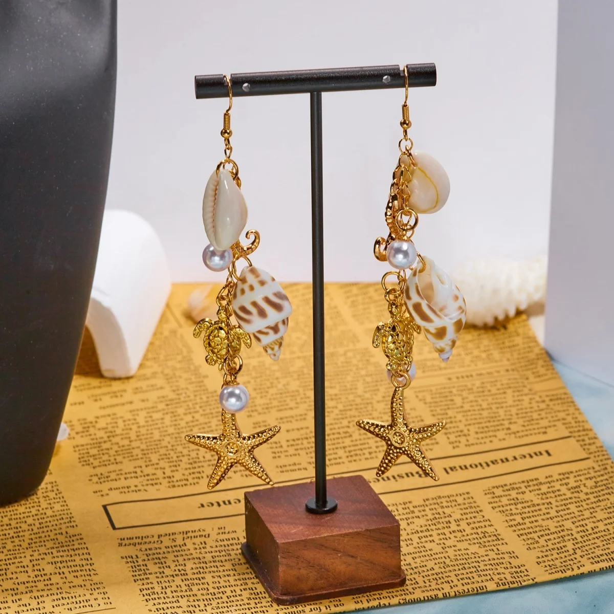 Ozean-Seestern-Ohrringe aus Acryl mit simulierten Perlenketten und Quasten für Damen, Sommer-Muschel-Seepferdchen-Schildkröten-Ohrringe, Schmuck – Detail 40