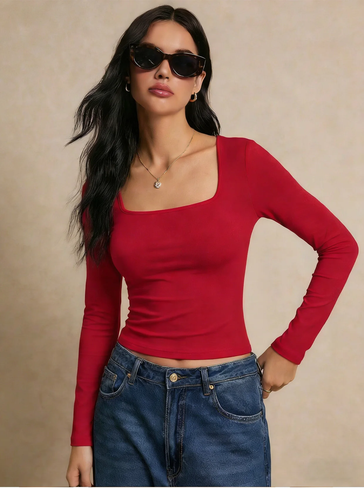 Women's long-sleeved shirt exposed top autumn fashion solid color square collar basic T-shirt Y2k clothing